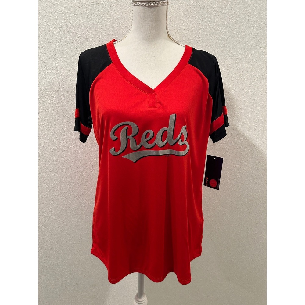 MLB Cincinnati Reds Womens V-Neck Jersey Top Red Black Large Raglan Sleeves NWT
